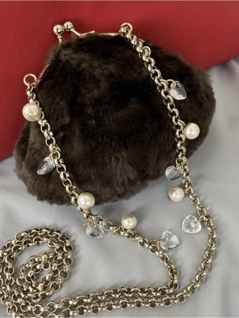 Kathy VanZeeland Faux Fur Chain Minaudière - Dark Brown EUC Vintage Glam